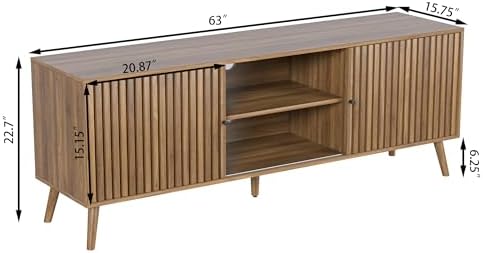 Oubayajia Mid Century Modern TV Stand for Televisions up to 70 Inches, with Sliding Doors and Storage, Television Stands, TV Consoles, Media Consoles for Living Room, 63 Inch (Walnut) - Image 2