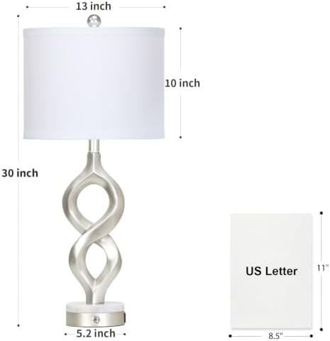 Cinyirong Silver Table Lamps Set of 2 for Living Room, 30" Tall Touch Control Bedside Lamps for Bedroom Nightstand, 3-Way Dimmable Modern Sculptural Table Lamp with USB A+C Ports and 2 LED Bulbs - Image 7
