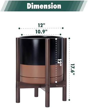D'vine Dev Ceramic Pot with Walnut Wood Stand, Black/Tan, 12 in, 55-B-W-7 - Image 3