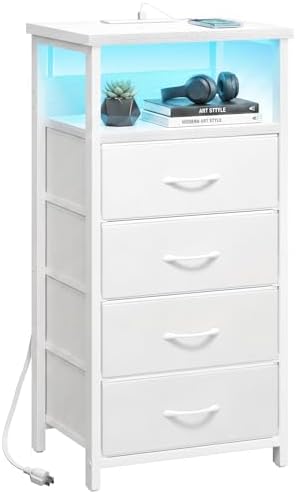 Fixwal Night Stand with Charging Station, White Led Nightstand, 4 Drawers by Fixwal