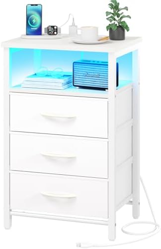 Yoobure Night Stand with Charging Station, White Nightstand with 3 Fabric Drawers & USB Ports and Outlets, LED End Table and Storage Shelf, Small Dresser for Bedroom, Bedside Table for Small Space by Yoobure