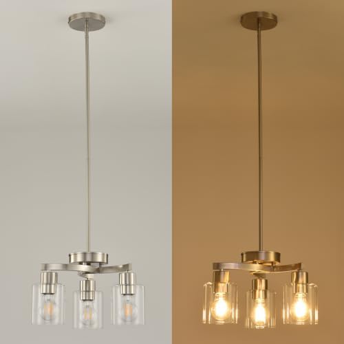 Modern Dining Room Chandelier, 3-Light Brushed Nickel Pendant Light - Image 3