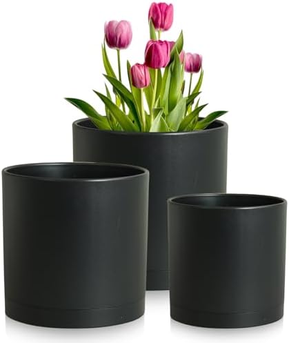 Meowell 8/7/6 inch Plant Pots, 3 Set Cylinder Flower Pots for Outdoor Indoor Plants, Decorative Plastic Planters with Drainage Holes and Saucers for Garden House Plants, Black by Meowell