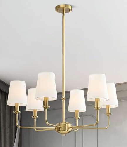 6-Light Brushed Gold Pendant Chandelier with Fabric Shades, E12 Base - Farmhouse & Industrial Style for Kitchen, Living Room, Dining Room, or Bedroom Lighting by QUENEY