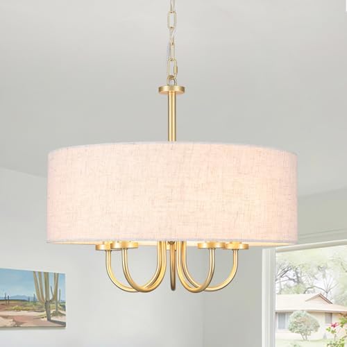 5 Lights Drum Chandelier Gold Farmhouse Chandelier with Shades 19" Large Pendant Light Fixtures Hanging Brass Round Chandeliers for Bedroom Dining Room Over Table Living Room Foyer Kitchen Island by LIHHGFGSChandelierLighting