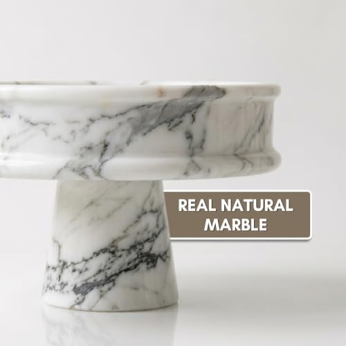 Marble Pedestal Bowl for Kitchen Counter, 10" Handcrafted Natural Stone Decorative Fruit Bowl, Catch-All Key Dish, Dining Table Centerpiece, Pedestal Bowl, & Housewarming Gift (White Marble) - Image 2