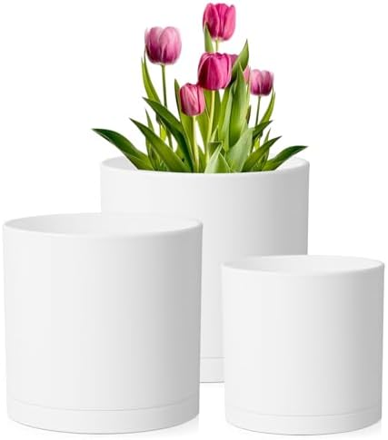 Meowell 12/10/8 inch Large Plant Pots, 3 Pack Deep Cylinder Flower Pots for Outdoor Indoor Plants, Tall Plastic Planters with Drainage Holes and Saucers for Garden House Plants, White by Meowell