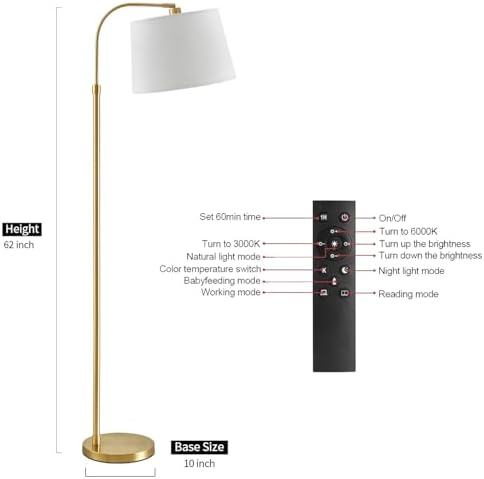 Oneach 62" Arc Floor Lamp for Living Rooms, Gold Tall Standing Lamps with Remote and Stepless Dimmable Bulb, Modern Reading Light for Bedrooms Corner Nursery Kid Office (Bulb Included) - Image 5