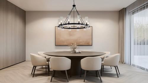 32 Inch Black Wagon Wheel Chandelier with Glass Shade, 10 Lights, Modern Farmhouse Style, Ideal for Dining Room, Kitchen, Entryways - Image 3