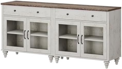 WAMPAT Sideboard Buffet Cabinets with Glass Doors, Kitchen Storage Cabinets, Wooden Coffee Bar Tables with Vintage Gourd Leg, Accent Sideboard Credenza Table for Dining Room, Living Room, Rustic White - Image 6