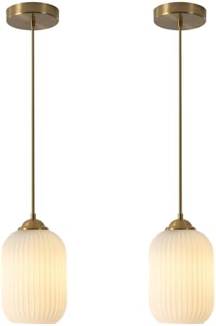 KCO 2 Pack Small Brass Gold 5.5” Ribbed Cylinder White Glass Pendant Lights by KCOLighting