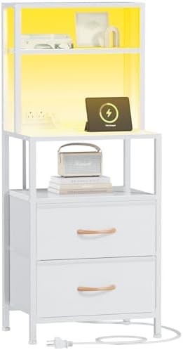 Furnulem White Nightstand, Tall Night Stand with Charging Station by Furnulem