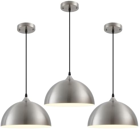 Brushed Nickel Pendant Light Kitchen Island 3 Pack, 11.8" Farmhouse Pendant Lights,Dome Pendant Light for Bedroom Dining Room Sink Hallway Foyer Barn Cafe by PINDODO
