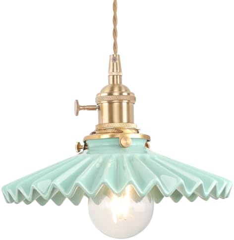 Shenmoyl Pendant Light with Green Pleated Ceramic Lmapshade, Brass Vintage Pendant Light Adjustable Hanging Light for Kitchen Island Dining Room Hallway by Shenmoyl