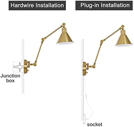 TRLIFE Wall Sconces Plug in, Dimmable Wall Sconces Brushed Brass Swing Arm Wall Lights Plug in Wall Mounted Light Industrial Wall Lights with 6FT Plug in Cord, E26 Base, UL Listed(Two Arms, 2 Pack) - Image 7