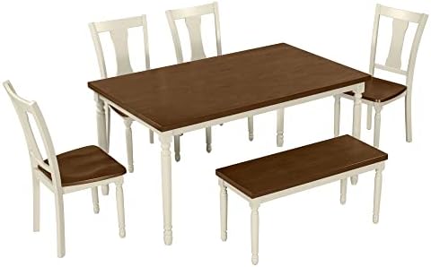 6 Piece Solid Wood Dining Table Set with Bench for 6, Brown+Cottage White - Image 7