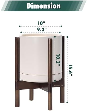 D'vine Dev Ceramic Pot with Walnut Wood Stand, Oatmeal, 10 in, 55-B-X-8 - Image 3