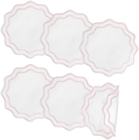 Set of 6 Pink Cotton Linen Coasters 5.5 Inch Embroidery Scalloped Coasters Floral Drink Mats for Table Decor Washable Fabric Cup Mats for Wedding Tea Party Festival Spring Holiday Entertaining by Stuffygreenus