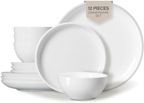 ONEMORE Plates and Bowls Set 12 Pcs,Stoneware Dinnerware Sets for 4 Microwavable,Oven & Dishwasher Safe Porcelain,Scratch Resistant Dishes Set,White by ONEMORECeramics