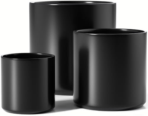 LE TAUCI 10+8+6 Inch Ceramic Pots for Plants, Indoor Planters with Drainage Hole and Plug, Modern Cylinder Flower Pots Set of 3 for Office and Living Room, Satin, Black by LETAUCI