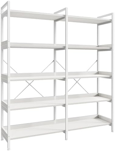 Huuger 5 Tier Bookshelf, Display Bookshelf with 10 Open Shelves and Raised Baffle, 47.2 Inch Straight Wide Bookcase with Metal Frame and Wooden Board, Adjustable Feet, White by Huuger