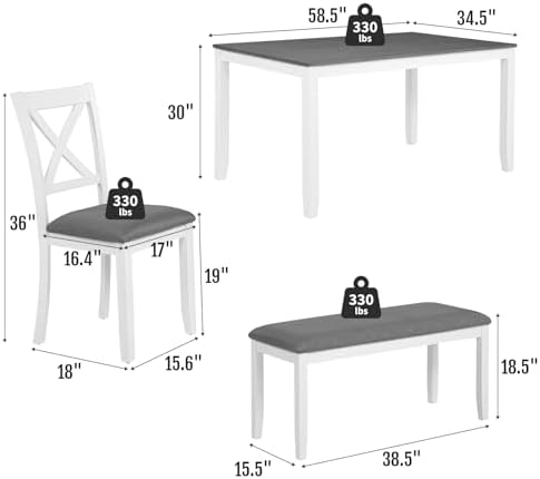 Zevemomo 6-Piece Solid Wood Dining Table Set, Wooden Legs, White - Image 2