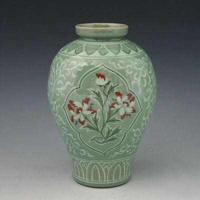 Korean Celadon Glaze Semi-Round Inlaid Copper Paint Lotus Flower Inlay Design Green Decorative Porcelain Ceramic Pottery Home Decor Accent Vase - Image 2