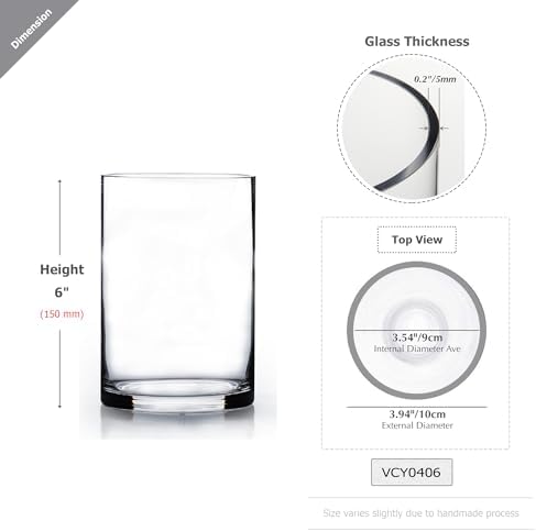WGVI Quality Thick Weighted Clear Cylinder Glass Vases, 4" W x 6" H, Flower Arrangement Glass Candle Holders Wedding Centerpieces Terrarium Planter Pen Brush Storage Container, Bulk Wholesale, 6 Pcs - Image 2