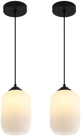 KCO 2 Pack Mini Matte Black 5.5” Ribbed Cylinder Milk Glass Pendant Lights by KCOLighting