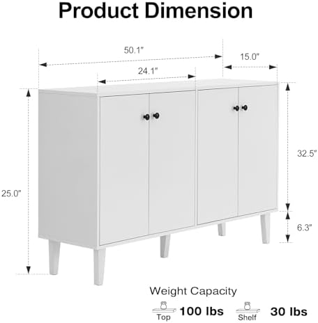 Panana Sideboard Buffet Cabinet Kitchen Storage Cabinet Living Room 4 Doors Console Table (White) - Image 3