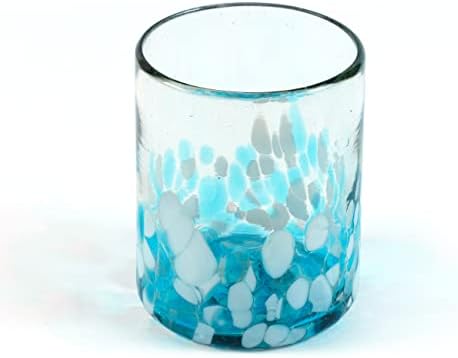 12 oz Hand Blown Mexican Drinking Glasses - Set of 6 tumblers, 11-13 fl oz each, Ocean Blue Confetti - Image 2