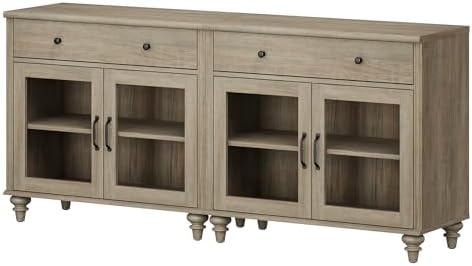 WAMPAT Sideboard Buffet Cabinets with 4 Glass Doors, Kitchen Storage Cabinets, Wooden Coffee Bar Tables with Vintage Gourd Leg, Accent Sideboard Credenza Table for Dining Room, Living Room, Wash Grey - Image 5