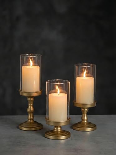NUPTIO Hurricane Glass Candle Holders: Matte Gold, Set of 3 by Nuptio