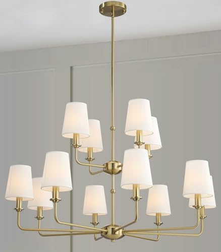 12-Light Brushed Gold Chandelier, E12 Bulb Compatible, White Fabric Shades, Adjustable Rod, Farmhouse & Industrial Style Ceiling Light for Living Room Dining Room Bedroom by QUENEY