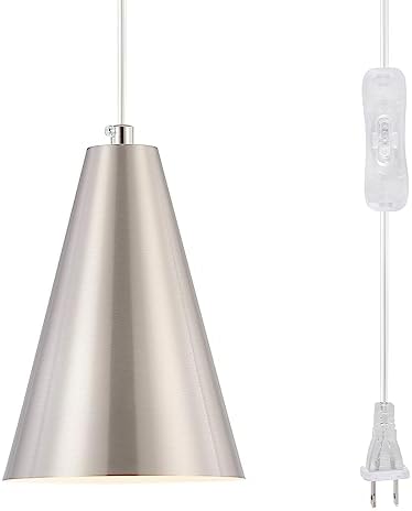 Brushed Nickel Plug In Pendant Light,Hanging Lights with Plug In Cord On/Off Switch, Mini Silver Pendant Lights for Kitchen Island,Modern Chandelier with Metal Shade,Hanging Lamps for Bedroom by DIJIAHUA