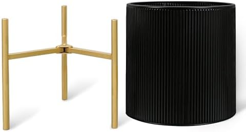 ARNIS Modern Plant Pots, Set of 2 Round Large Planters with Stand, Large Size Metal Pots with Drainage Holes for Living Room, Office, Garden or Balcony, 10.5 &12.25 Inch, Black & Gold - Image 2