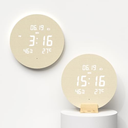 mooas Wood Moon Cordless Digital LED Wall Clock, Date, Temperature/Humidity - Image 2