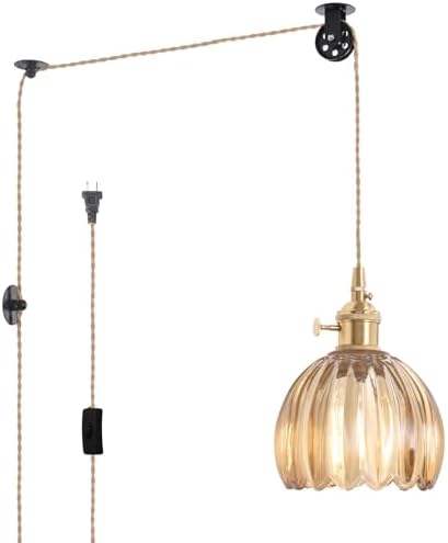 Shenmoyl Plug in Pendant Light Hanging Light Fixture Corded On/Off Switch Brass Pendant Light with Amber Tulip Glass Lampshade for Bedroom Living Room Kitchen Island by Shenmoyl