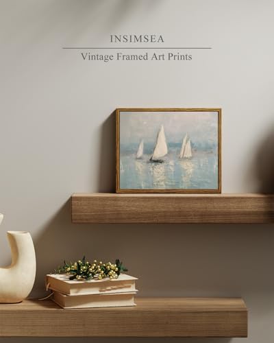 InSimSea Framed Canvas Wall Art, Vintage Sailboats Art for Living Room Hallway Shelf, 10x8in,Impressionist Coastal landscape Watercolor Painting, Rustic Cozy Mid Century Small Seaside Nature Decor - Image 2