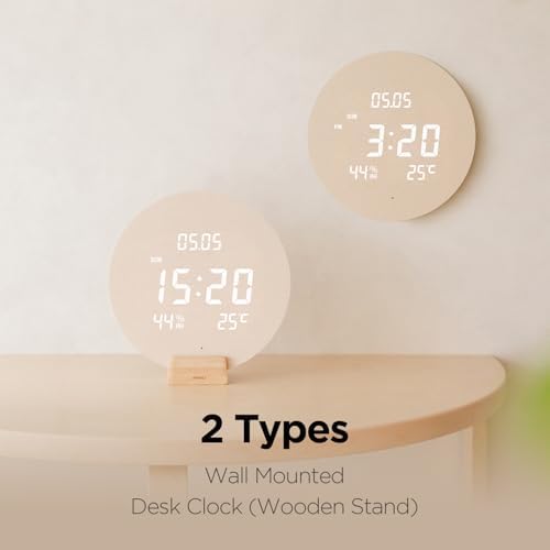 mooas Wood Moon Cordless Digital LED Wall Clock, Date, Temperature/Humidity - Image 6