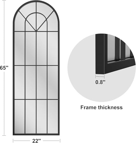 Dewfig Arched Windowpane Floor Mirror, 65"x 22" Full Length Mirror, Black - Image 3