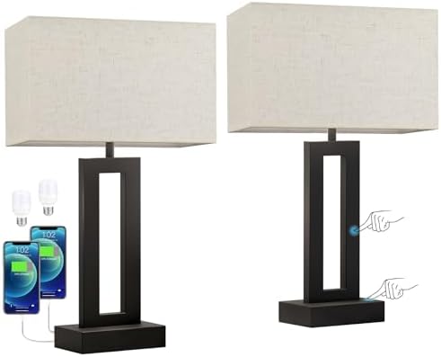 Nightstand Table Lamps for Bedrooms Set of 2 - Touch Bedside Lamp with USB C+A, 3 Way Dimmable Living Room Lamps for End Tables Set of 2, Modern Night Stand Lamps for Bed Side Guest Room(Cream) by SeealleLighting