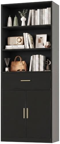 Shintenchi Bookshelf,6-Tier Bookcase with 1 Drawer & 1 Cabinet, 6 Shelf Display Storage Shelves Floor Standing 70.6 inches Tall Bookcase for Home Office, Living Room (Black) by Shintenchi%7CFurnitureMadeforRealLife