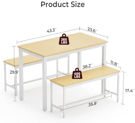 Tatub Dining Table Set for 4, 3-Piece Kitchen Table with 2 Benches - Image 7