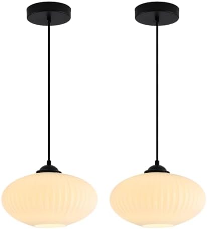 KCO 2 Pack Matte Black Lantern Pendant Light with 9.8” White Ribbed Glass by KCOLighting