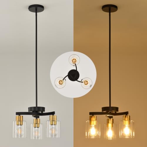 Black Brass Dining Room Chandelier, 3 Light Modern Industrial Pendant Light for Kitchen Island, Adjustable Height Ceiling Light with Clear Glass Shades,E26 Base,Dimmable - Image 4