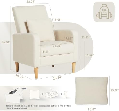 COLAMY Mid-Century Modern Accent Chair, Fabric Upholstered Living Room Chair with Back Pillow & Solid Wood Legs, Comfy Armchair for Living Room, Bedroom, Single Sofa, Beige - Image 2