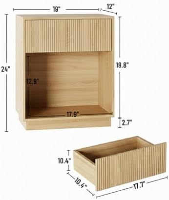 Fluted Nightstands Set of 2, Modern Bedside Table with Drawer and Storage Shelf, Wood End Table Mid Century Night Stands for Bedroom Living Room Sofa Couch Office (Oak) - Image 2