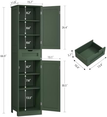 Iwell 66.9" Tall Bathroom Storage Cabinet with 2 Doors & 1 Drawer - Image 3