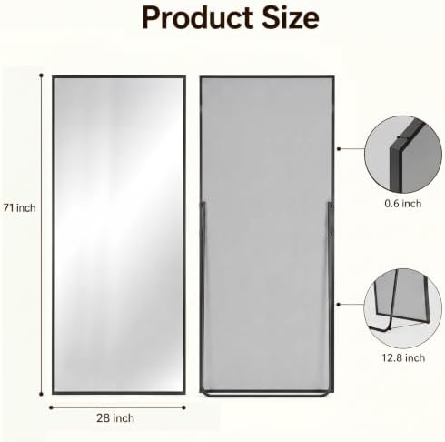 Antok Full Length Mirror, 71"x28" Floor Mirror with Stand, Black, Rect - Image 2